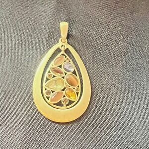 Lia Sophia Gold Tone Teardrop‎ Pendant Earthtone Glass Stones Mod Neutrals 2.5'